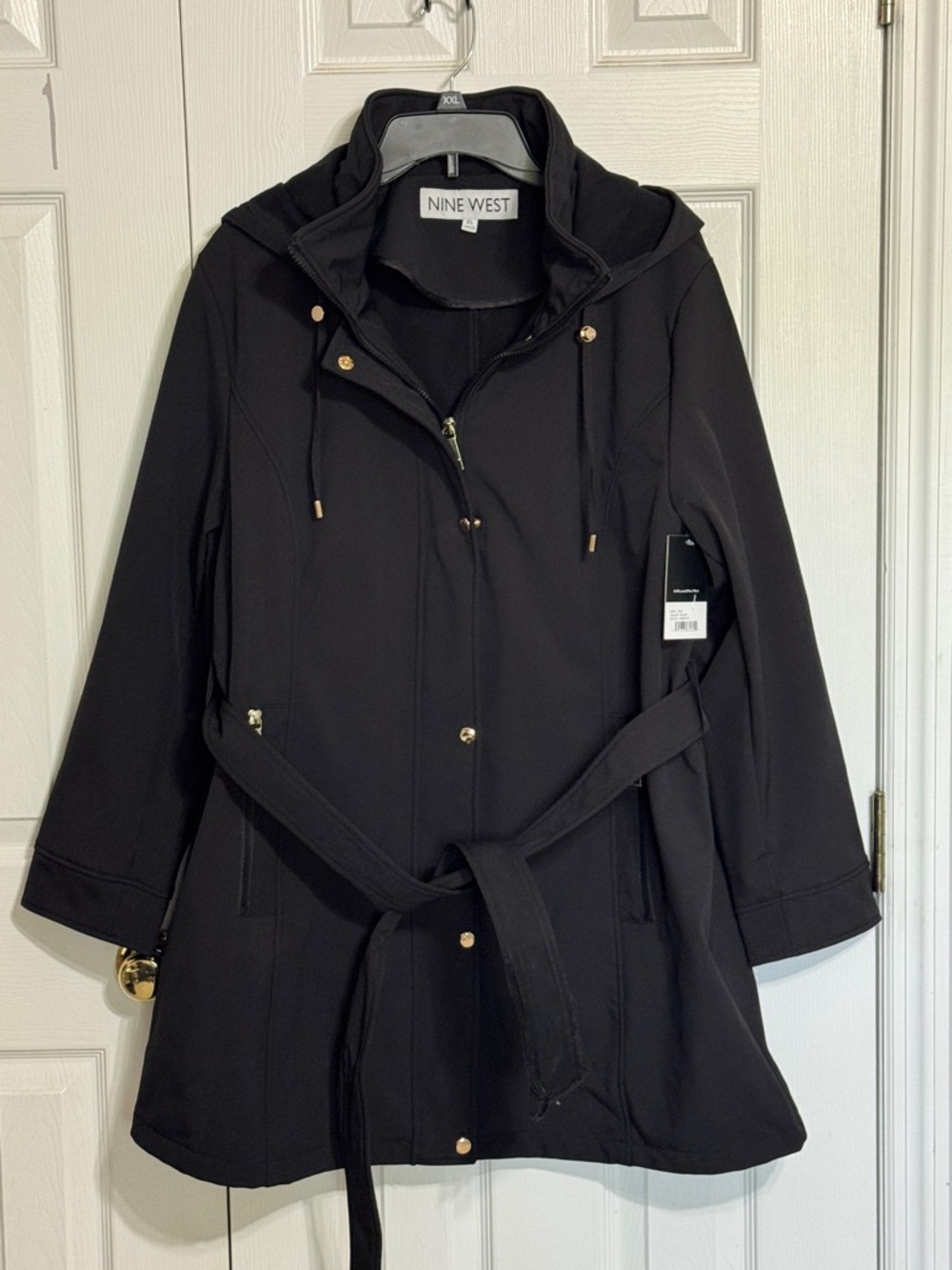 Nine West Black Hooded Belted Trench Coat